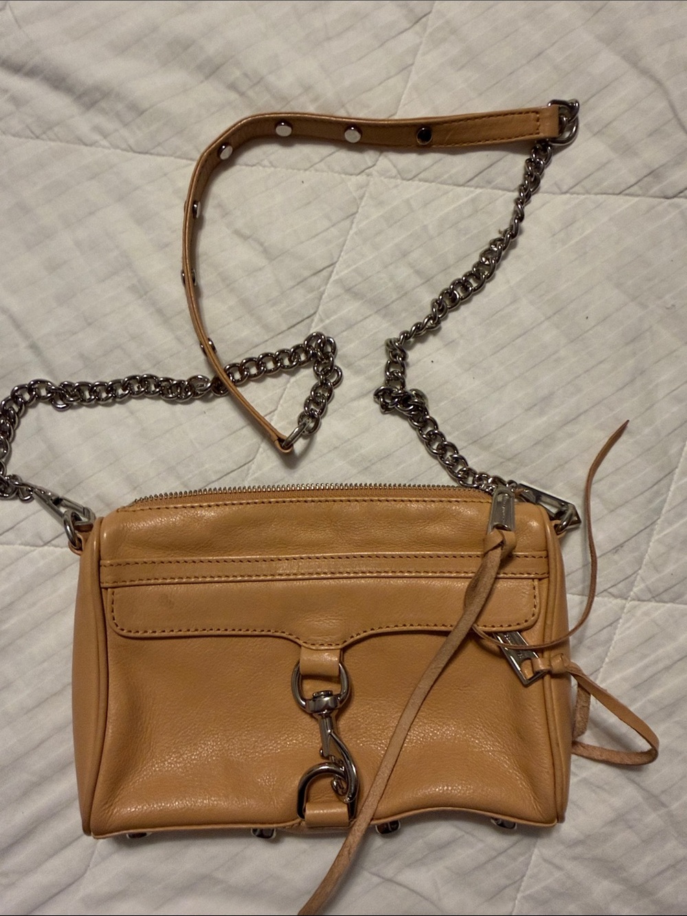 Leather Crossbody Bag in Tan with Silver Chain